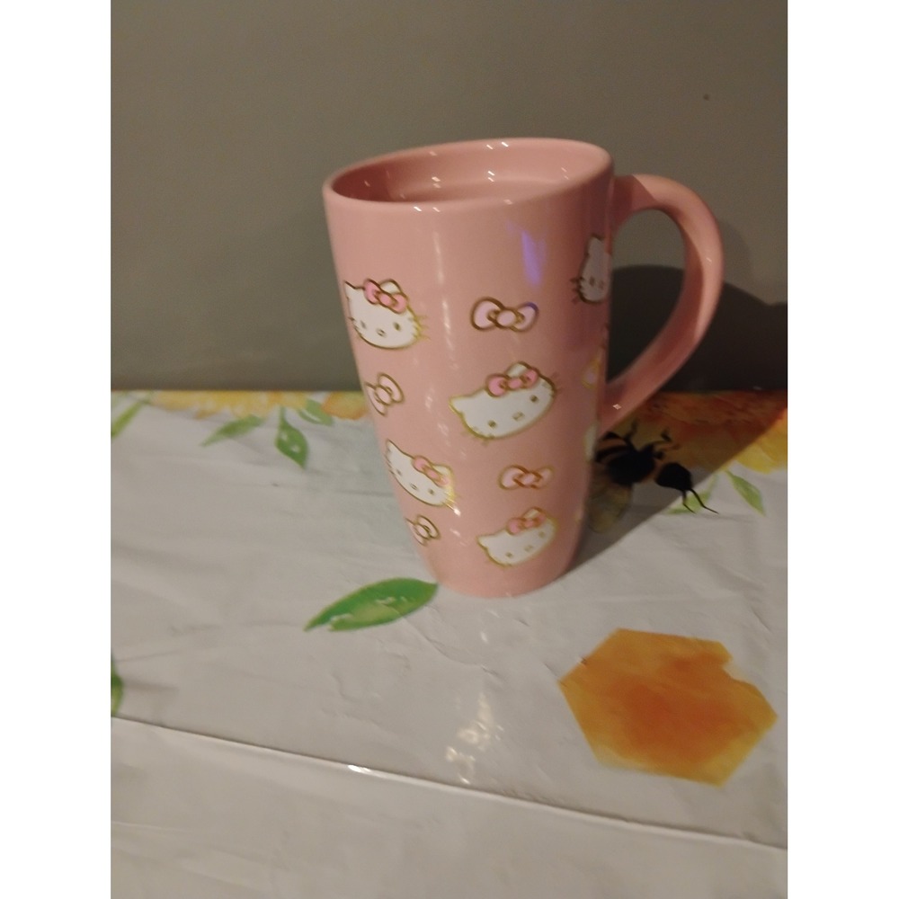 Sanrio Hello Kitty Pink Ceramic Latte Mug Gold Bow All Over Print Coffee Cup